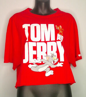 Tom & Jerry Cartoon Women's XL Red Cropped Graphic T-Shirt